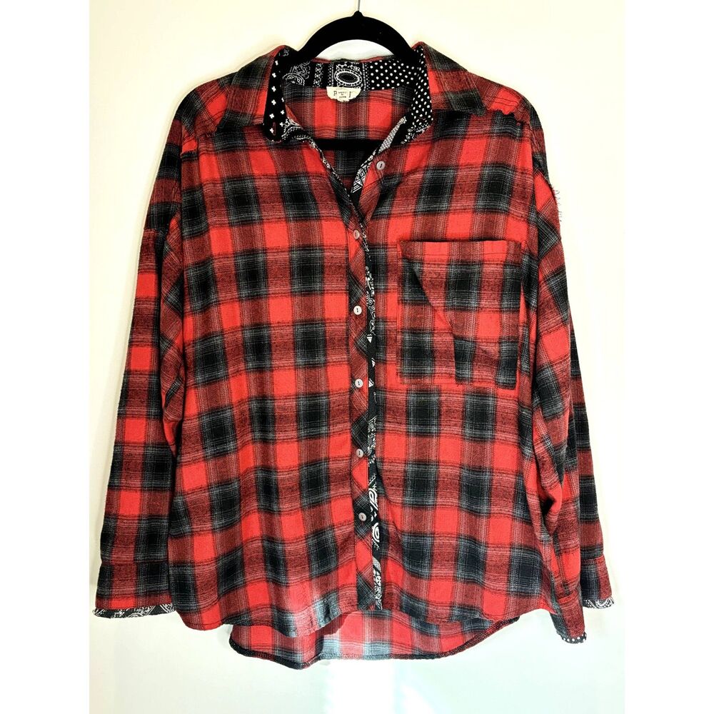 POL Anthropologie Contrast Cuff  Oversized Plaid Shirt SZ Small Western Country